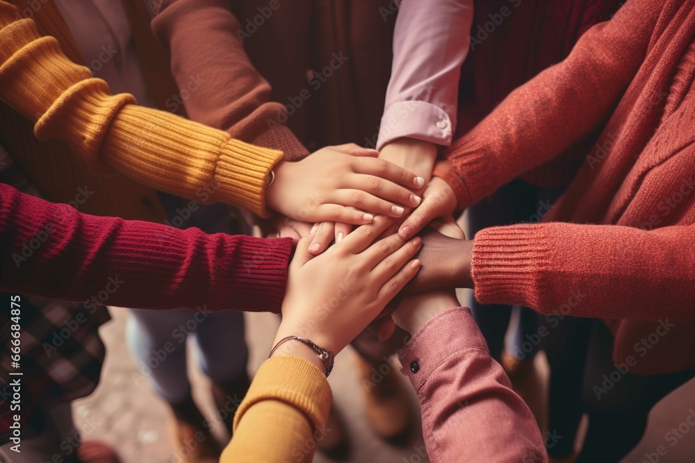 Diversity Equity Inclusion Belonging (Deib). A group of people's hands huddled together at the top of a large mountain, in the style of light maroon and dark brown, close-up shots
