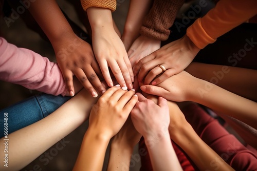Different hands touching each other in a circle, in the style of light maroon, lively group compositions. Diversity, Equity, Inclusion, and Belonging DEIB photo