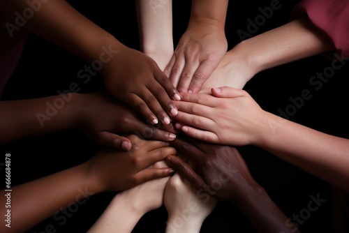 DEIB Diversity, Equity, Inclusion, Belonging. Group of hand in a circle with different colors, in the style of light maroon, close-up photo