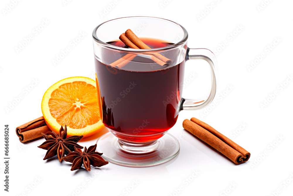 Christmas red mulled wine in cup with cinnamon sticks, orange slices and winter decorations isolated on white background Christmas red mulled wine in cup with cinnamon sticks, orange slices and winter decorations isolated on white background
