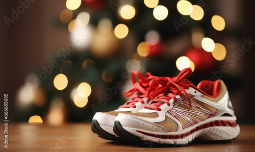 A pair of running shoes with a festive background. New years healthy lifestyle resolution