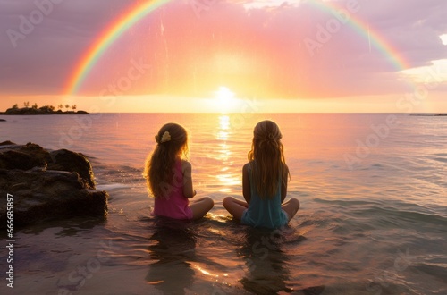 Two girls gaze at a rainbow in the splashing sea, radiating pure happiness