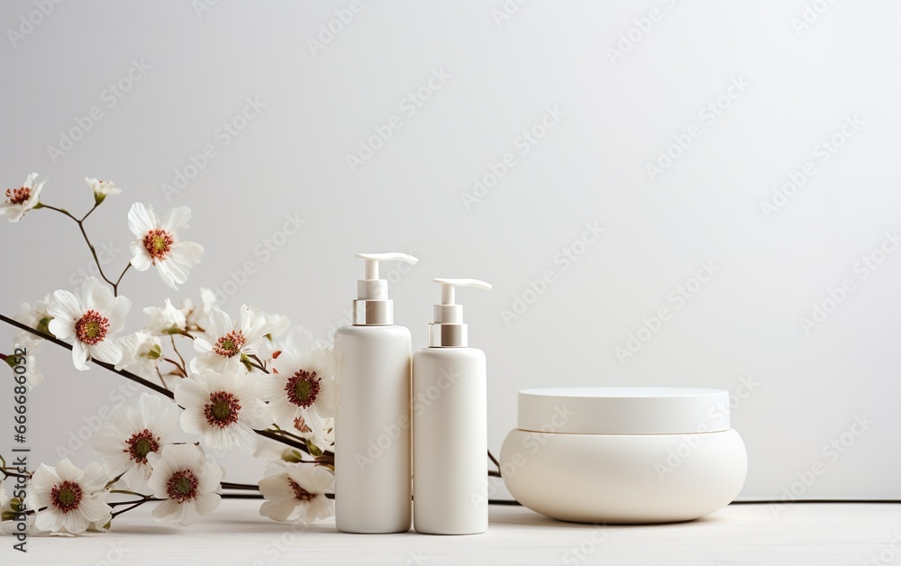 Set of cosmetic products containers mockups. White dispensers on a light background with flower branch. Beauty, cosmetology, skin care industry concept Set of cosmetic products containers mockups. White dispensers on a light background with flower branch. Beauty, cosmetology, skin care industry concept