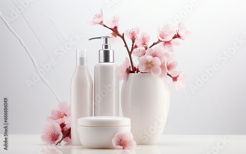 Wallpaper Mural Empty cosmetic products bottles on a light background with flowers. Ceramic vase with blossom cherry branches. Herbal skincare concept. Beauty, cosmetology, skin care industry concept Torontodigital.ca