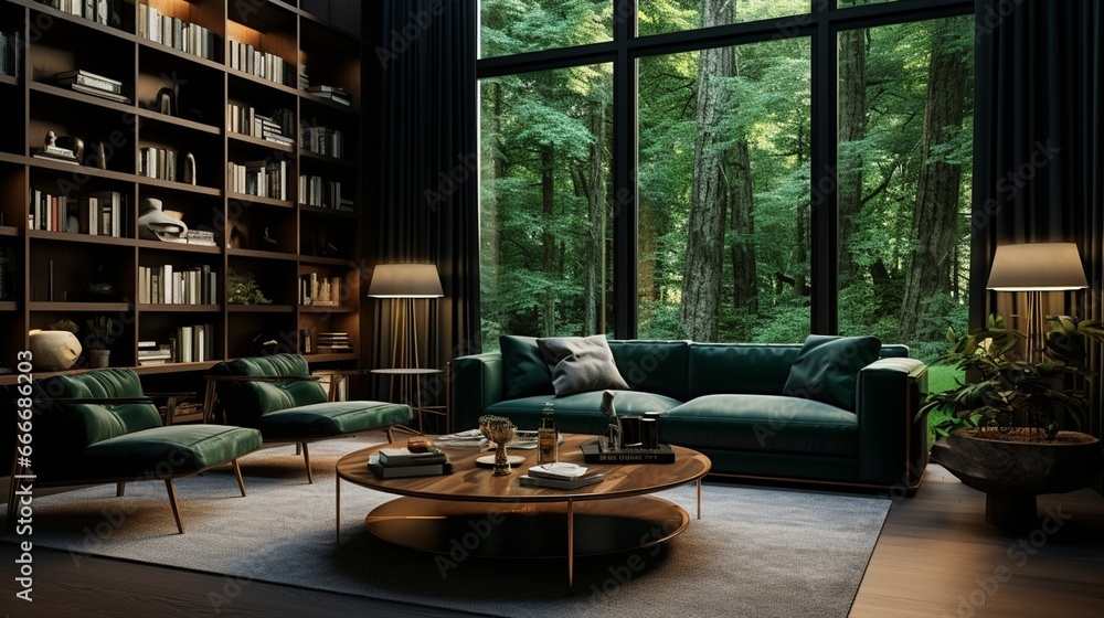 Eleganckie proste wnętrze pokoju salonu z dużymi oknami i zieloną sofą - obrazy, fototapety, plakaty 
