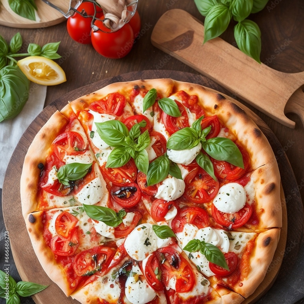 pizza with white cheese, tomato, and basil