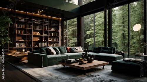Eleganckie proste wnętrze pokoju salonu z dużymi oknami i zieloną sofą