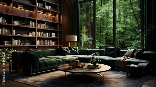 Eleganckie proste wn  trze pokoju salonu z du  ymi oknami i zielon   sof  