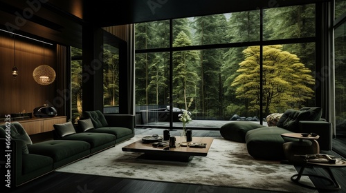 Eleganckie proste wnętrze pokoju salonu z dużymi oknami i zieloną sofą © Micha