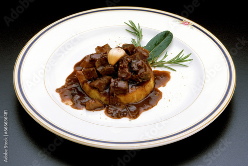 Italian food recipes. Veal cheek in Barbera red wine and polenta