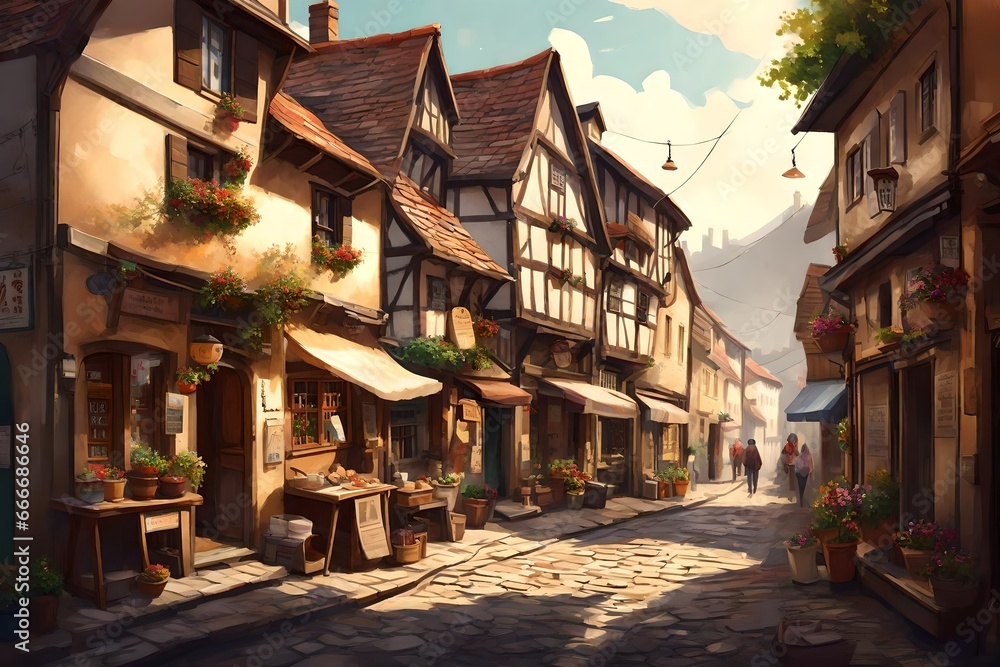 a charming and bustling street scene from a quaint village, filled with interesting characters and unique buildings a charming and bustling street scene from a quaint village, filled with interesting characters and unique buildings