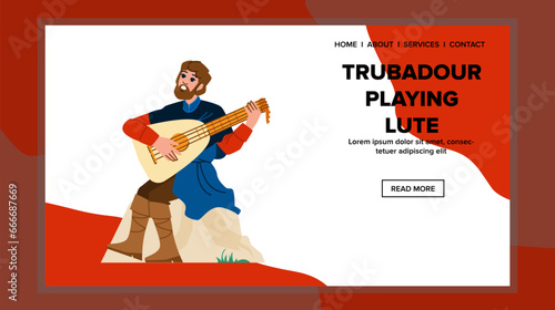 medieval trubadour playing lute vector. musician bard, minstrel instrument, performance performer medieval trubadour playing lute web flat cartoon illustration photo