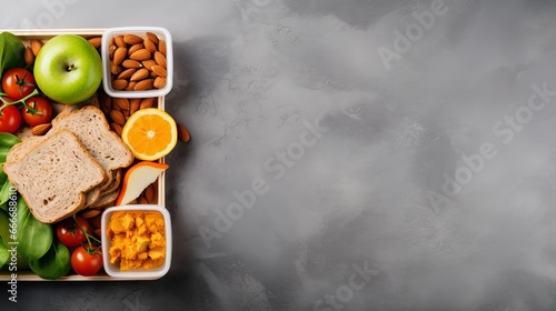 A healthy eating habits concept background layout with free text space is used in a flat lay composition with a top view of a school lunch box with sandwich vegetables, water, almonds, and © Khalida
