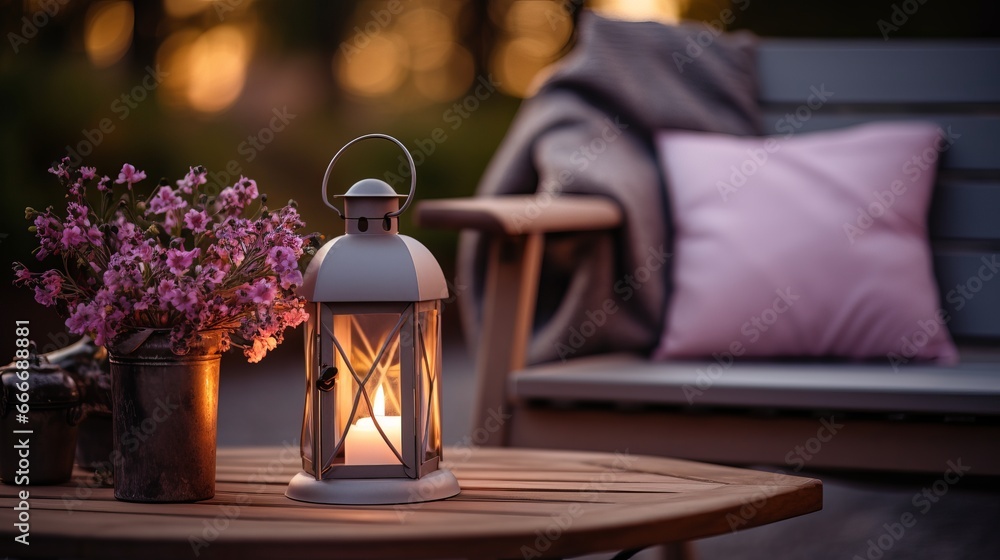 A hygge home decor arrangement in the autumn is cute, featuring a small wooden cabin balcony with heather flowers, lavender in a bottle vase, candlelight flame, soft beige plaid, and a - obrazy, fototapety, plakaty 