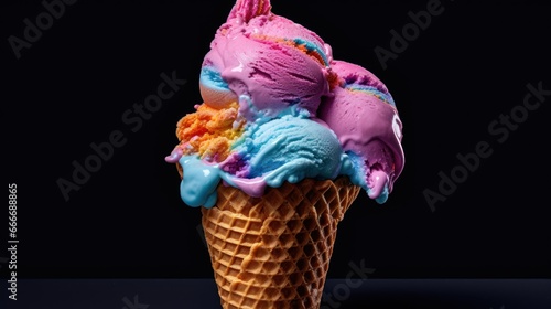 Colorful ice cream scoops in waffle cone on black background. Various of Ice Cream Flavor. Summer and Sweet Menu Concept.. Background with a copy space.
