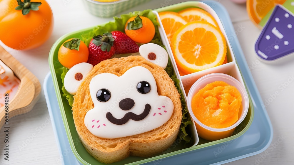 A kid's lunch box includes a humorous bear sandwich, boiled egg, bee, banana, and orange juice. A back to school background with a top view.