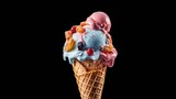 Ice cream in waffle cone isolated on black background with clipping path. Various of Ice Cream Flavor. Summer and Sweet Menu Concept.. Background with a copy space.