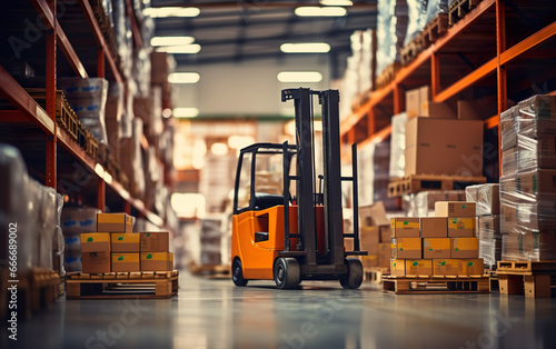 A large warehouse full of shelves with goods in cardboard boxes, pallets, and forklifts. Logistics, and transportation concept on blurred background. Product distribution center. © lanters_fla