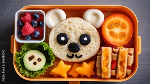 A kid's lunch box includes a humorous bear sandwich, boiled egg, bee, banana, and orange juice. A back to school background with a top view.