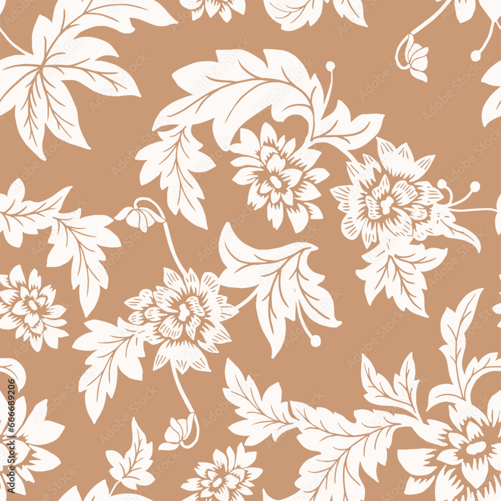 Seamless pattern. Vector graphic flowers on brown background.Silhouette white dahlia. Seamless pattern. Vector graphic flowers on brown background.Silhouette white dahlia.