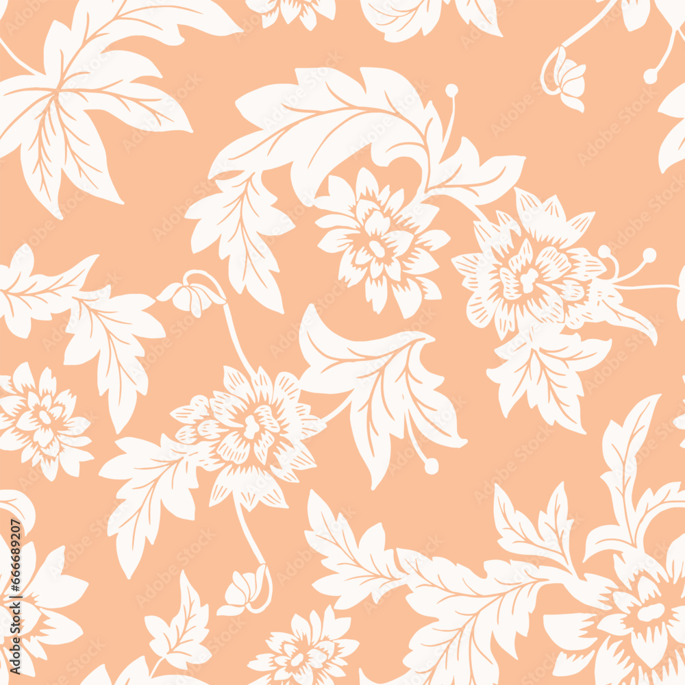 Seamless pattern. Vector graphic flowers on light orange background.Silhouette white dahlia. Seamless pattern. Vector graphic flowers on light orange background.Silhouette white dahlia.