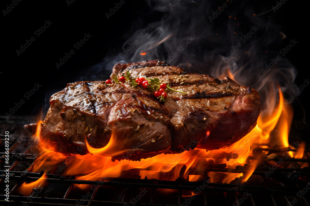Grilled steak on the grill with flame in dark black background,closeup Grilled steak on the grill with flame in dark black background,closeup