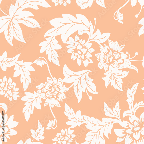 Seamless pattern. Vector graphic flowers on light orange background.Silhouette white dahlia. 