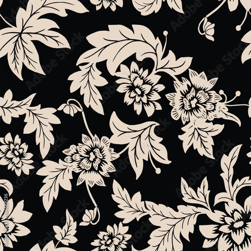 Seamless pattern. Vector graphic flowers on black background.Silhouette white dahlia. 