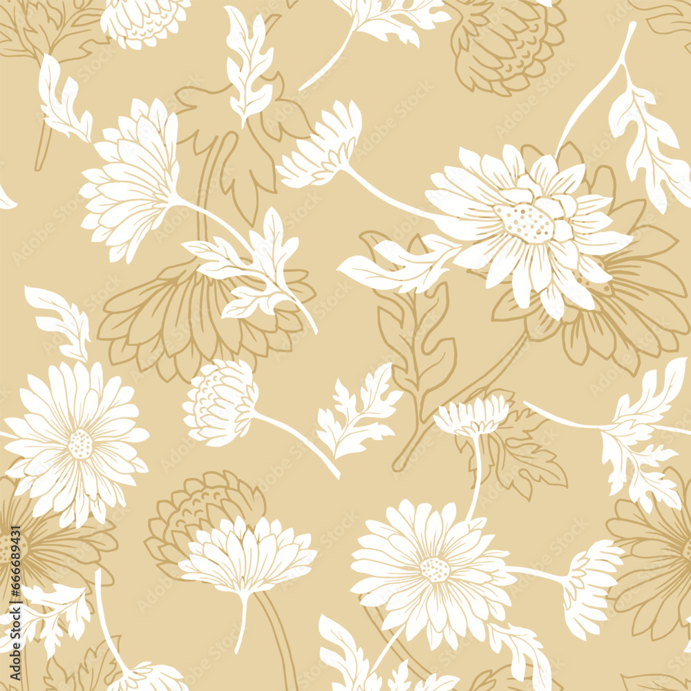 Original seamless floral pattern. yellow Background with flowers and floral motifs.Abstract elegant pattern with hand-drawn chrysanthemums flowers and leaves. Original seamless floral pattern. yellow Background with flowers and floral motifs.Abstract elegant pattern with hand-drawn chrysanthemums flowers and leaves.