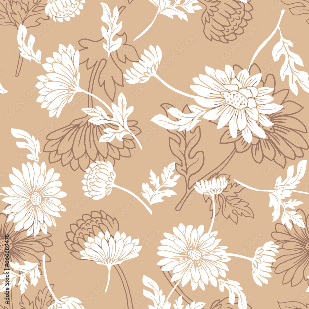 Original seamless floral pattern. light orange Background with flowers and floral motifs.Abstract elegant pattern with hand-drawn chrysanthemums flowers and leaves. Original seamless floral pattern. light orange Background with flowers and floral motifs.Abstract elegant pattern with hand-drawn chrysanthemums flowers and leaves.