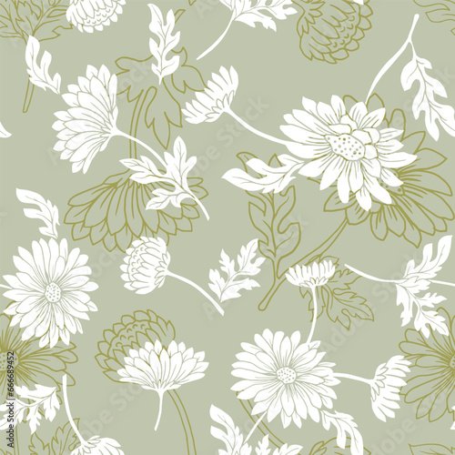 Original seamless floral pattern. green Background with flowers and floral motifs.Abstract elegant pattern with hand-drawn chrysanthemums flowers and leaves.