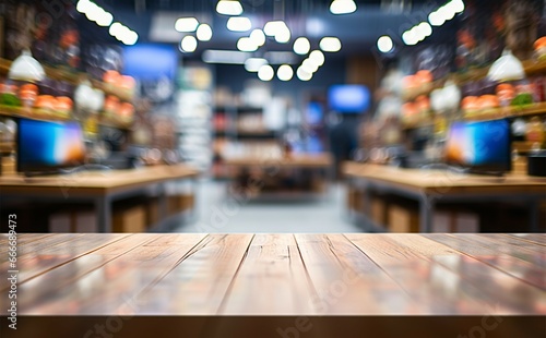 A wooden table in the electronics department, TV displays blurred photo