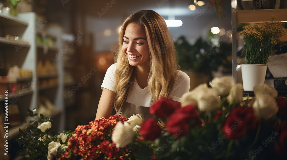 A lovely woman is selecting bouquets from the flower shop.