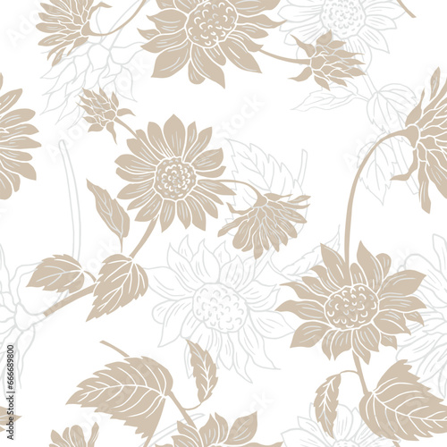 Seamless pattern with Chrysanthemums, grey beige with half white floral pattern on white background, used for textile, wallpaper,
