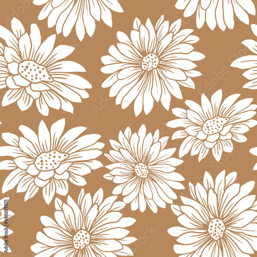 Abstract chrysanthemum flowers seamless pattern. Autumn garden flower on brown background. Hand drawn illustration.