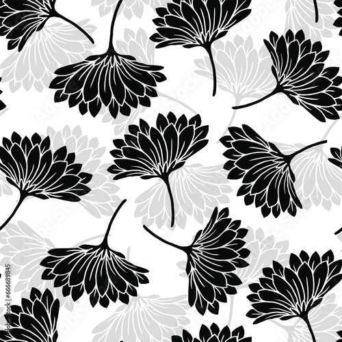 Seamless pattern with Chrysanthemums, black with half white floral pattern on white background, used for textile, wallpaper,