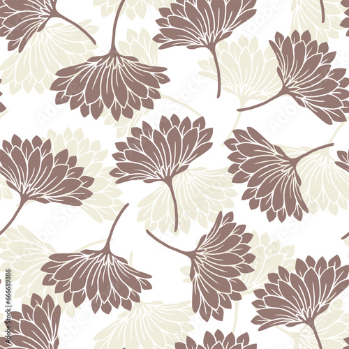 Seamless pattern with Chrysanthemums, pastel brown with half white floral pattern on white background, used for textile, wallpaper,