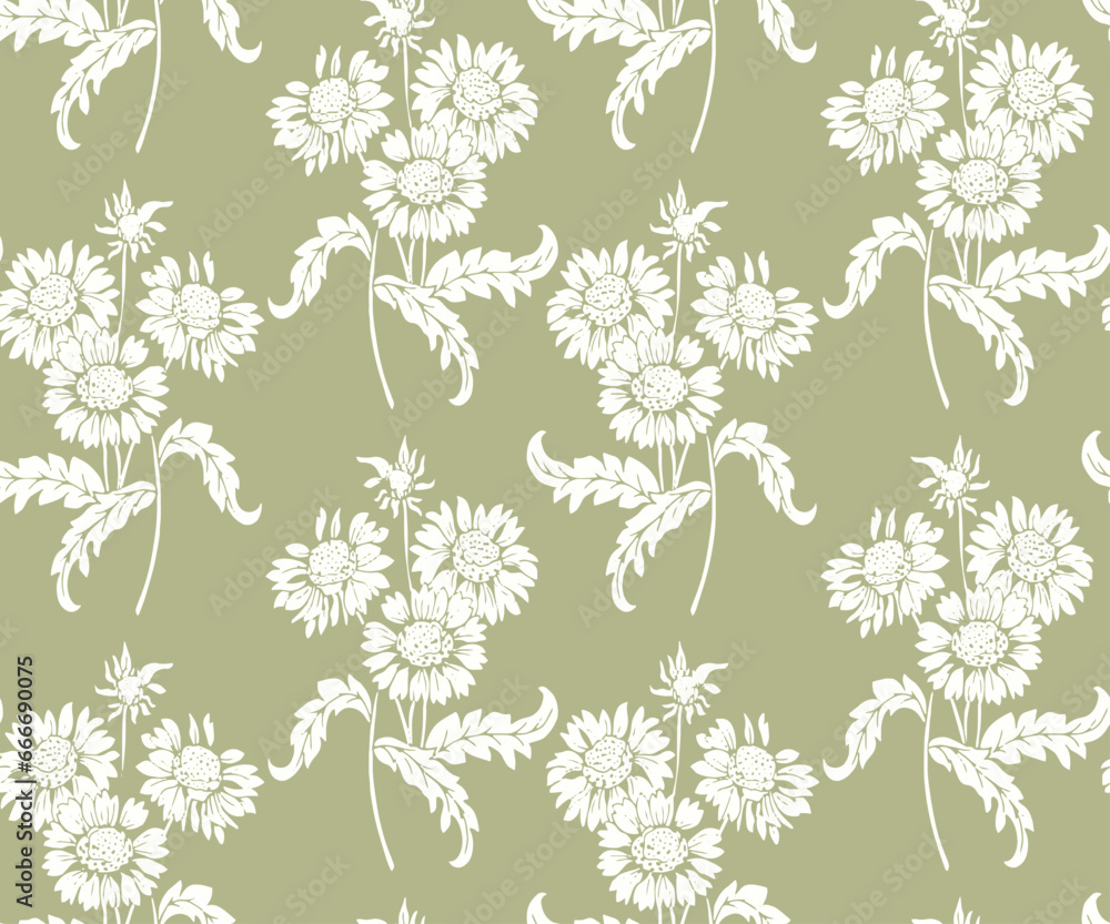 Fototapeta premium sunflower floral drawing. Silhouettes of light green background flowers in vintage style. Elegant seamless botanical pattern made of spring flowers. textile, fabric, wallpaper, surface design.