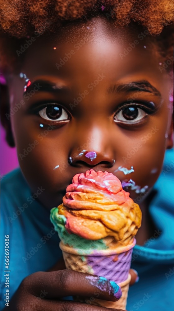 adorable african american girl eating ice cream on colorful background. Various of Ice Cream Flavor. Summer and Sweet Menu Concept.. Background with a copy space.