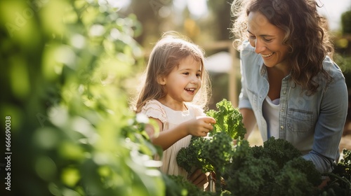 A mother and daughter are having fun picking fresh vegetables together in an organic garden. A cheerful young mother smilingly demonstrates how to pick fresh kale with her daughter. A photo