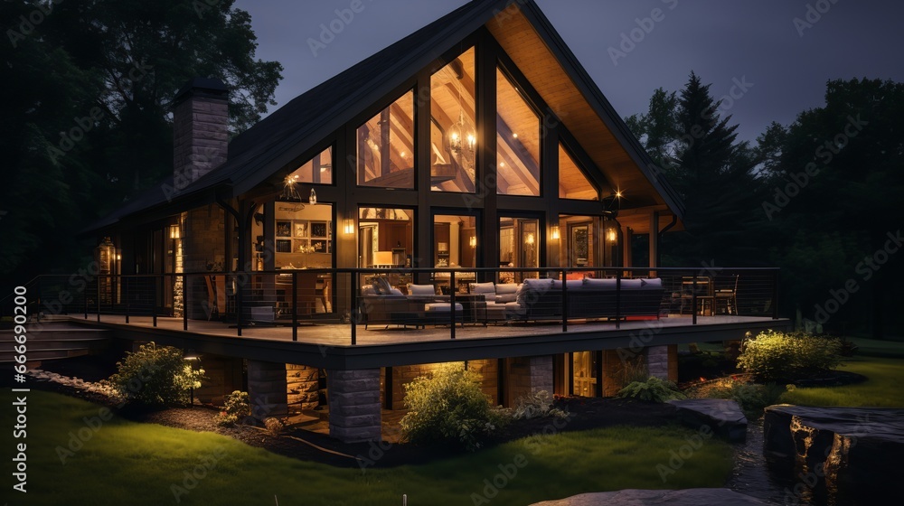 A nighttime view of a modern log cabin outside
