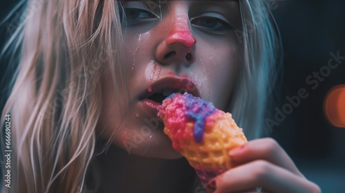 beautiful girl eating ice cream in waffle cone on blurred background. Various of Ice Cream Flavor. Summer and Sweet Menu Concept.. Background with a copy space.