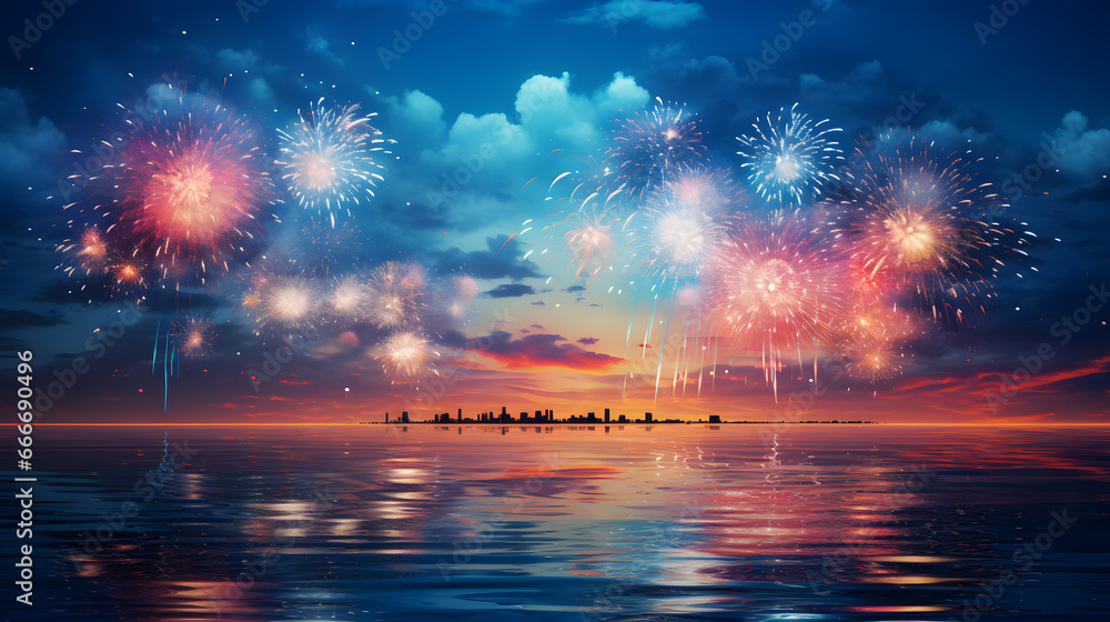 Colorful fireworks over the sea and cityscape at sunset background.