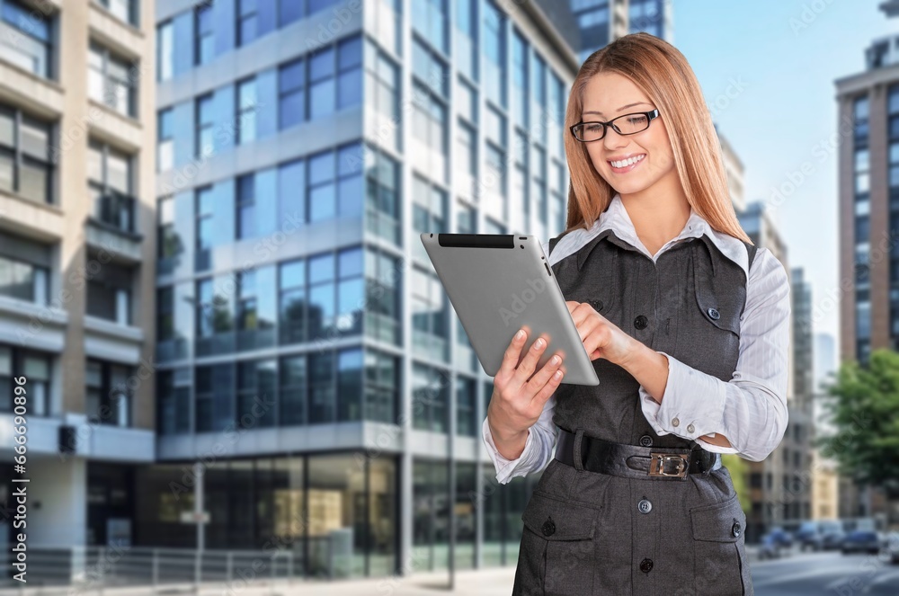 Portrait of successful business woman hold digital tablet, AI generated image Portrait of successful business woman hold digital tablet, AI generated image