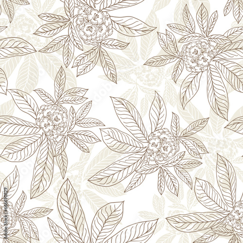Seamless brown line drawing rhododendrons, ornamental and medicinal plants. Hand drawn botanical vector illustration on white background