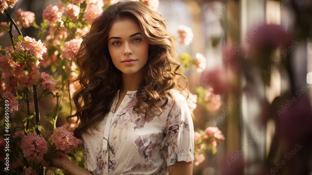 A fashion model in springtime attire that includes flowers. A fashion model in springtime attire that includes flowers.