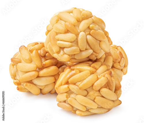 Panellets pine nuts isolated on white background. Typical Catalan dessert panellets in Spain photo