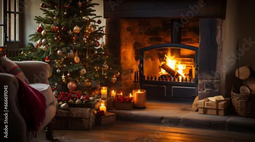 A cosy room lit by a fireplace's warm glow and a Christmas tree. A perfect place to snuggle up and enjoy the festive spirit. photo