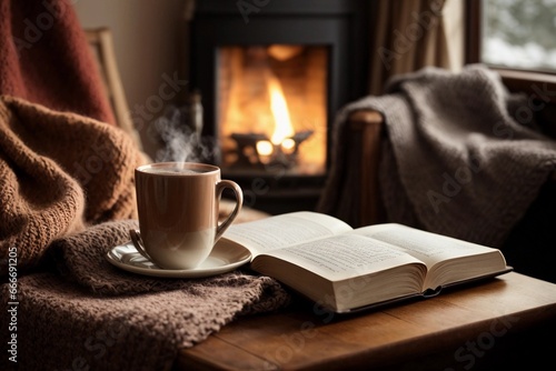 taza de chocolate o café caliente al lado de un libro en un cuarto cálido, al lado de una chimenea  