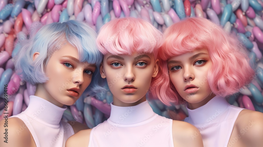 Three modern futuristic short hair young women on pastel background